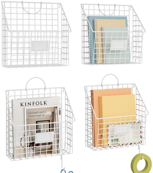 4 Packs Hanging Wall File Organizer with Hooks, Magazine Rack,Mail Basket Mesh Wall Mounted File Holder with Handles, Home Office Organization for Papers Folder Files, No Assembly Required, White 4 Packs Hanging Wall File Organizer with Hooks, Magazine Rack,Mail Basket Mesh Wall Mounted File Holder with Handles, Home Office Organization for Papers Folder Files, No Assembly Required, White