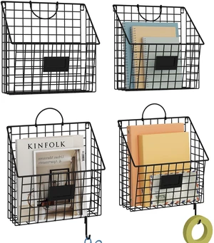 4 Packs Hanging Wall File Organizer with Hooks, Magazine Rack,Mail Basket Metal Wall Mounted File Holder Folder with Handles, Home Office Organization for Papers Book, No Assembly Required, Black 4 Packs Hanging Wall File Organizer with Hooks, Magazine Rack,Mail Basket Metal Wall Mounted File Holder Folder with Handles, Home Office Organization for Papers Book, No Assembly Required, Black