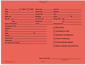 Printed Vehicle Deal Envelopes 9x12 Deal Jackets (100 shrink wrapped) (Salmon) Printed Vehicle Deal Envelopes 9x12 Deal Jackets (100 shrink wrapped) (Salmon)
