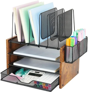 Desk Organizer, 4-Tier Desktop File Organizer with Drawer and Pen Holders, Office Desk Accessories, File Sorters, Workspace Organizers for Office Supplies(Brown) Desk Organizer, 4-Tier Desktop File Organizer with Drawer and Pen Holders, Office Desk Accessories, File Sorters, Workspace Organizers for Office Supplies(Brown)