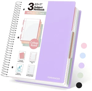 3 Subject Notebook College Ruled, Spiral Notebooks, 8.5" x 11" 3Hole Punched Perforated Page, 3 Colored Movable Dividers, 150 Sheets, Fights Ink Bleed, Water Resistant Cover, School Office 3 Subject Notebook College Ruled, Spiral Notebooks, 8.5" x 11" 3Hole Punched Perforated Page, 3 Colored Movable Dividers, 150 Sheets, Fights Ink Bleed, Water Resistant Cover, School Office