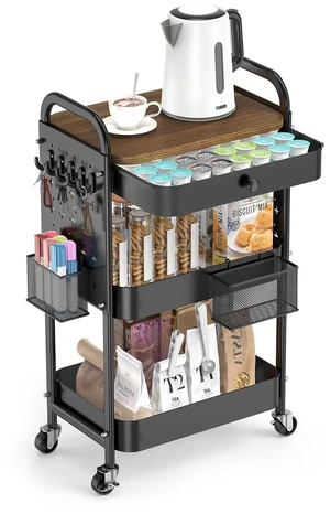 3 Tier Metal Rolling Cart with Drawer,Wood Top,Pegboards,Black Storage Utility Cart with Drawers,Pegboards,Lockable Wheels,Baskets,Hooks for Kitchen,Office,Bedroom,DIY Supplies 3 Tier Metal Rolling Cart with Drawer,Wood Top,Pegboards,Black Storage Utility Cart with Drawers,Pegboards,Lockable Wheels,Baskets,Hooks for Kitchen,Office,Bedroom,DIY Supplies