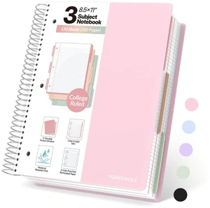 3 Subject Notebook College Ruled, Spiral Notebooks, 8.5" x 11" 3Hole Punched Perforated Page, 3 Colored Movable Dividers, 150 Sheets, Fights Ink Bleed, Water Resistant Cover, School Office 3 Subject Notebook College Ruled, Spiral Notebooks, 8.5" x 11" 3Hole Punched Perforated Page, 3 Colored Movable Dividers, 150 Sheets, Fights Ink Bleed, Water Resistant Cover, School Office
