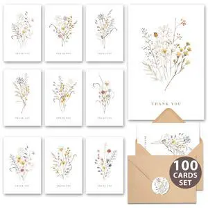 Wildflower Thank You Cards with Envelopes (100 pack 4x6) - Floral Thank You Cards with Adhesive Envelope & Matching Stickers - Gifts for Birthday, Wedding, Bridal Showers, Baby Showers Wildflower Thank You Cards with Envelopes (100 pack 4x6) - Floral Thank You Cards with Adhesive Envelope & Matching Stickers - Gifts for Birthday, Wedding, Bridal Showers, Baby Showers