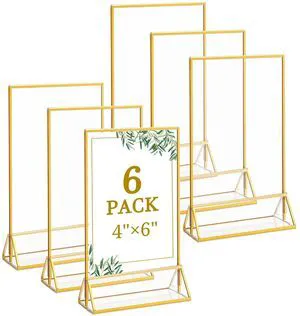 6 Pack 4x6 Inch Clear Acrylic Sign Holders, Double-Sided Gold Display Stand Picture Frames for Table Numbers, Menus, Flyers, Weddings, and Offices 6 Pack 4x6 Inch Clear Acrylic Sign Holders, Double-Sided Gold Display Stand Picture Frames for Table Numbers, Menus, Flyers, Weddings, and Offices