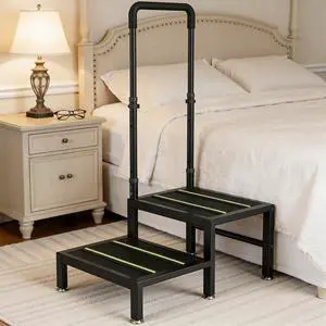 2 Step Stool with Handle, Heavy Duty Step Stool for Elderly and Adults, Adjustable Handrail with Non-Slip Platform, Bedside Steps for High Beds, Kitchen and Bathroom 2 Step Stool with Handle, Heavy Duty Step Stool for Elderly and Adults, Adjustable Handrail with Non-Slip Platform, Bedside Steps for High Beds, Kitchen and Bathroom