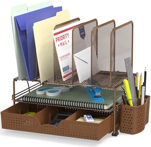 Desk File Organizer for Office Supplies w/Drawer, Copper Double Tray, Pencil Holder, and 5 Upright Sections with Sliding Drawer Desk File Organizer for Office Supplies w/Drawer, Copper Double Tray, Pencil Holder, and 5 Upright Sections with Sliding Drawer