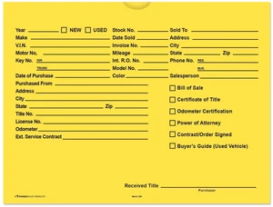 Printed Vehicle Deal Envelopes 9x12 Deal Jackets (100 shrink wrapped) (Yellow) Printed Vehicle Deal Envelopes 9x12 Deal Jackets (100 shrink wrapped) (Yellow)