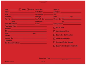 Printed Vehicle Deal Envelopes 9x12 Deal Jackets (100 shrink wrapped) (Red) Printed Vehicle Deal Envelopes 9x12 Deal Jackets (100 shrink wrapped) (Red)