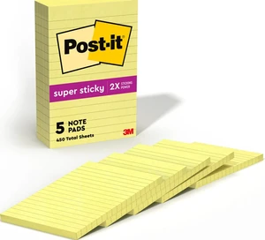 Super Sticky Lined Notes, 5 Sticky Note Pads, 4 x 6 in., School Supplies for Students, Ideal for Textbooks, Notebooks, Walls and Vertical Surfaces, Canary Yellow Super Sticky Lined Notes, 5 Sticky Note Pads, 4 x 6 in., School Supplies for Students, Ideal for Textbooks, Notebooks, Walls and Vertical Surfaces, Canary Yellow