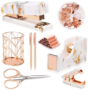 Rose Gold Marble Desk Accessories, Office Supplies Set Stapler Staple Remover, Tape Holder, Pen 2 Ballpoint Pen, Scissor, Binder Clips, Paper Clips and 1000pcs Staples Rose Gold Marble Desk Accessories, Office Supplies Set Stapler Staple Remover, Tape Holder, Pen 2 Ballpoint Pen, Scissor, Binder Clips, Paper Clips and 1000pcs Staples
