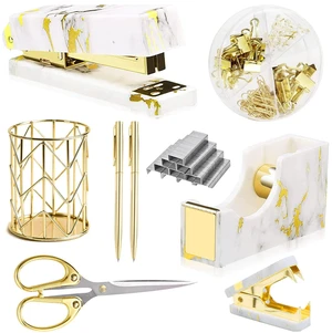 Gold Marble Desk Accessories, Office Supplies Set Stapler Set Staple Remover, Tape Holder, Pen Holder, 2 Ballpoint Pen, Scissor, Binder Clips, Paper Clips and 1000pcs Staples Gold Marble Desk Accessories, Office Supplies Set Stapler Set Staple Remover, Tape Holder, Pen Holder, 2 Ballpoint Pen, Scissor, Binder Clips, Paper Clips and 1000pcs Staples