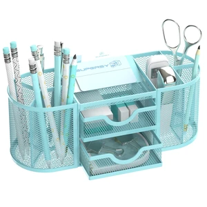 Mesh Desk Organizer, Pen Holder for Desk with 2 Drawers, Blue Desk Organizers and Accessories with 8 Compartments and 2 Drawers, Pencil Holder for Desk for Small Office Supplies Mesh Desk Organizer, Pen Holder for Desk with 2 Drawers, Blue Desk Organizers and Accessories with 8 Compartments and 2 Drawers, Pencil Holder for Desk for Small Office Supplies
