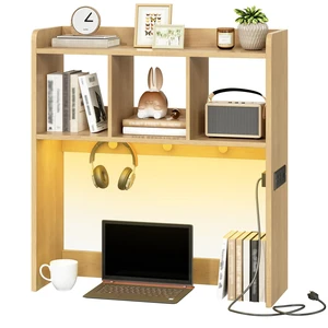 Desktop Bookshelf, Office Desktop Shelf, Desk Hutch with Outlets, Wooden Office Desktop Bookcase, Desktop Organizer Shelf with LED Light Strip and 3 Hooks, for Home, Study, Natural NL12UDSJ01 Desktop Bookshelf, Office Desktop Shelf, Desk Hutch with Outlets, Wooden Office Desktop Bookcase, Desktop Organizer Shelf with LED Light Strip and 3 Hooks, for Home, Study, Natural NL12UDSJ01