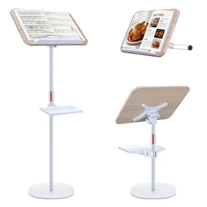 2 in 1 Dual-use Music Stand & Desktop Book Stand, Adjustable Height 16.5"-51", 100% Solid Wood Laptop Floor Stand Book Holder with Elastic Page Clips for Cookbooks (White with Tray) 2 in 1 Dual-use Music Stand & Desktop Book Stand, Adjustable Height 16.5"-51", 100% Solid Wood Laptop Floor Stand Book Holder with Elastic Page Clips for Cookbooks (White with Tray)