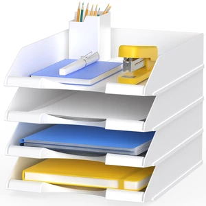 4 Pack Stackable Paper Trays for Letter Documents, Desktop File Organizers for Office Supplies, Stackable Desk Tray Holder for Paper Storage, White 4 Pack Stackable Paper Trays for Letter Documents, Desktop File Organizers for Office Supplies, Stackable Desk Tray Holder for Paper Storage, White