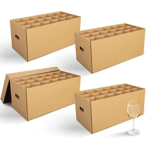 4 Pcs Wine Glass Moving Box Kit, Brown, 24 x 12 x 11 Inches Kitchen Glassware Packing Boxes with Dividers Handle, Glass Bottle Storage Box with Lid, Hold 72 Items, Sturdy Cardboard 4 Pcs Wine Glass Moving Box Kit, Brown, 24 x 12 x 11 Inches Kitchen Glassware Packing Boxes with Dividers Handle, Glass Bottle Storage Box with Lid, Hold 72 Items, Sturdy Cardboard