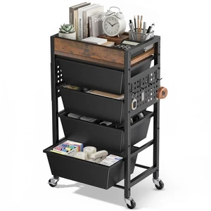 5 Tier Rolling Cart with Drawers, Plastic Drawer Storage Craft Cart with Pegboards & Hooks, Metal Utility Cart with Wheels & Wooden Tabletop, Classroom Office Art Supply Organizers and Storage, Black 5 Tier Rolling Cart with Drawers, Plastic Drawer Storage Craft Cart with Pegboards & Hooks, Metal Utility Cart with Wheels & Wooden Tabletop, Classroom Office Art Supply Organizers and Storage, Black