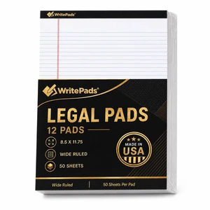 Legal Pads 8.5 x 11.75 Inch Wide Ruled Writing Pads, 12 Pack Note Pads - White Perforated Paper with Hard Back, 50 Sheets Per Pad, No Bleed Paper Notepad for Office, School, Business MADE IN USA Legal Pads 8.5 x 11.75 Inch Wide Ruled Writing Pads, 12 Pack Note Pads - White Perforated Paper with Hard Back, 50 Sheets Per Pad, No Bleed Paper Notepad for Office, School, Business MADE IN USA