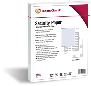 Medical Security Papers, 24 lb Bond Weight, 8.5 x 11, Blue, 500/Ream Medical Security Papers, 24 lb Bond Weight, 8.5 x 11, Blue, 500/Ream