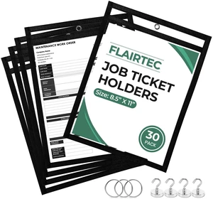 Job Ticket Holders 10x14 - (30 Pack) 8.5x11 Letter Size Reusable Dry Erase Pockets Black with Metal Rings & Hooks Durable Clear Shop Sleeves for Work Order Perfect for Classrooms Job Ticket Holders 10x14 - (30 Pack) 8.5x11 Letter Size Reusable Dry Erase Pockets Black with Metal Rings & Hooks Durable Clear Shop Sleeves for Work Order Perfect for Classrooms