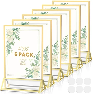 Double-Sided Gold Frames 4X6 Acrylic Sign Holder -6 Pack Gold Picture Frames for Menu Holder Wedding Table Number Holder Christmas Photo Frames with Sticky Dots Double-Sided Gold Frames 4X6 Acrylic Sign Holder -6 Pack Gold Picture Frames for Menu Holder Wedding Table Number Holder Christmas Photo Frames with Sticky Dots