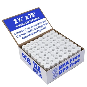 2 1/4 x 75 ft 128 Rolls CORELESS BPA Free BPS Free Thermal Paper Rolls debit & credit 2 1/4 x 75 ft 128 Rolls CORELESS BPA Free BPS Free Thermal Paper Rolls debit & credit