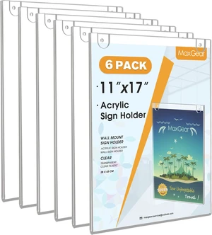 Acrylic Wall Mount Sign Holder, 11 x 17 Vertical, 6 Pack Includes Adhesive Tapes and Screws, Clear Acrylic Display for Signs, Posters and Documents, Ideal for Office, Home, Store Acrylic Wall Mount Sign Holder, 11 x 17 Vertical, 6 Pack Includes Adhesive Tapes and Screws, Clear Acrylic Display for Signs, Posters and Documents, Ideal for Office, Home, Store