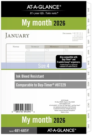 2026 Planner Refill, Monthly, 5-1/2" x 8-1/2", Desk Size 4, Loose-Leaf, Ruled Blocks (481-685Y-26) 2026 Planner Refill, Monthly, 5-1/2" x 8-1/2", Desk Size 4, Loose-Leaf, Ruled Blocks (481-685Y-26)