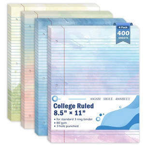 400 Sheets Letter Size Colored Loose Leaf Paper College Ruled For 3-Ring Binder 8.5" × 11" Colored Lined Filler Notebook Paper College Ruled Notepad 3-Hole Punched Watercolor 80gsm For School Office 400 Sheets Letter Size Colored Loose Leaf Paper College Ruled For 3-Ring Binder 8.5" × 11" Colored Lined Filler Notebook Paper College Ruled Notepad 3-Hole Punched Watercolor 80gsm For School Office