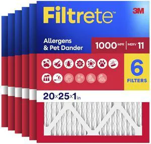 20x25x1 Air Filter, MERV 11, MPR 1000, Allergens and Pet Dander, 3-Month AC and Furnace Filters, Cleaner Air, Reliable Airflow, 6 HVAC Filters, Actual Size 19.68 x 24.68 x 0.81" 20x25x1 Air Filter, MERV 11, MPR 1000, Allergens and Pet Dander, 3-Month AC and Furnace Filters, Cleaner Air, Reliable Airflow, 6 HVAC Filters, Actual Size 19.68 x 24.68 x 0.81"