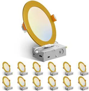 12 Pack 6 Inch Ultra-Thin LED Recessed Ceiling Lights Gold Finish Metal 5CCT 2700K-5000K Dimmable Canless Wafer Downlight with Junction Box, Damp Location, IC Rated, ETL&FCC 12 Pack 6 Inch Ultra-Thin LED Recessed Ceiling Lights Gold Finish Metal 5CCT 2700K-5000K Dimmable Canless Wafer Downlight with Junction Box, Damp Location, IC Rated, ETL&FCC