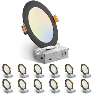 12 Pack 6 Inch LED Recessed Lighting, Canless Wafer Downlight, Black 5CCT 2700K-5000K, 5%-100% Dimmable, Ultra-thin, Metal housing, 1050LM 12W 120V, IC & Damp Rated, ETL & FCC, 50000h Life Span 12 Pack 6 Inch LED Recessed Lighting, Canless Wafer Downlight, Black 5CCT 2700K-5000K, 5%-100% Dimmable, Ultra-thin, Metal housing, 1050LM 12W 120V, IC & Damp Rated, ETL & FCC, 50000h Life Span
