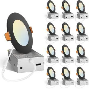 12 Pack 4 Inch LED Recessed Lighting, Canless Wafer Downlight, Black 5CCT 2700K-5000K, 5%-100% Dimmable, Ultra-thin, Metal housing, 800LM 11W 120V, IC & Damp Rated, ETL & FCC, 50000h Life Span 12 Pack 4 Inch LED Recessed Lighting, Canless Wafer Downlight, Black 5CCT 2700K-5000K, 5%-100% Dimmable, Ultra-thin, Metal housing, 800LM 11W 120V, IC & Damp Rated, ETL & FCC, 50000h Life Span