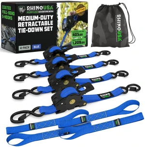 Retractable Ratchet Straps (4-Pack) - 1in x 10ft, Blue 1,209lb Break Strength, Auto Self Retracting Design. For Truck, Cargo Trailer, Motorcycle, ATV & UTV Tie Downs. Blue Retractable Ratchet Straps (4-Pack) - 1in x 10ft, Blue 1,209lb Break Strength, Auto Self Retracting Design. For Truck, Cargo Trailer, Motorcycle, ATV & UTV Tie Downs. Blue