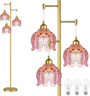 Glass Floor Lamp for Living Room,Bedroom,Gold Flower Mid Century Modern Standing Lamp Brass Tree 3 Light Tall Floor Lamps Vintage Floor Lights Pink Lamp Shade Farmhouse Boho Bohemian Glass Floor Lamp for Living Room,Bedroom,Gold Flower Mid Century Modern Standing Lamp Brass Tree 3 Light Tall Floor Lamps Vintage Floor Lights Pink Lamp Shade Farmhouse Boho Bohemian