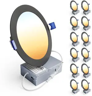 12 Pack 6 Inch LED Recessed Ceiling Light,Black,5CCT,1200LM 12W 2700K-5000K Selectable, 5%-100% Dimming, 120V, Ultra-Thin Canless Wafer Downlight with Junction Box, Damp Rated, ETL&FCC&IC 12 Pack 6 Inch LED Recessed Ceiling Light,Black,5CCT,1200LM 12W 2700K-5000K Selectable, 5%-100% Dimming, 120V, Ultra-Thin Canless Wafer Downlight with Junction Box, Damp Rated, ETL&FCC&IC