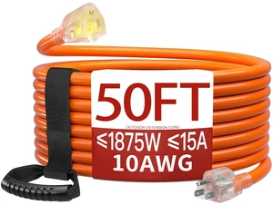 50 FT 10 Gauge Extension Cord Outdoor, Orange Power Cord Heavy Duty Extension Cord 50 Foot, Orange Extension Cord with Lighted end, for Lawn & Garden, 15A 1875W 125V, ETL Listed 50 FT 10 Gauge Extension Cord Outdoor, Orange Power Cord Heavy Duty Extension Cord 50 Foot, Orange Extension Cord with Lighted end, for Lawn & Garden, 15A 1875W 125V, ETL Listed