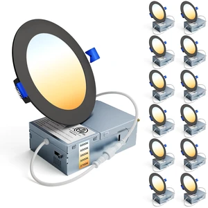 12 Pack 4 Inch LED Recessed Ceiling Light,Balck,5CCT,750LM 9W 2700K-5000K Selectable, 5%-100% Dimming, 120V, Ultra-Thin Canless Wafer Downlight with Junction Box, Damp Rated, ETL&FCC&IC 12 Pack 4 Inch LED Recessed Ceiling Light,Balck,5CCT,750LM 9W 2700K-5000K Selectable, 5%-100% Dimming, 120V, Ultra-Thin Canless Wafer Downlight with Junction Box, Damp Rated, ETL&FCC&IC