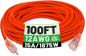 100 FT 12/3 Outdoor Extension Cord Waterproof, Heavy Duty Power Cord 100FT Heavy Duty Flexible Cold-Resistant Long Power Cord Outside, 15Amp 1875W SJTW Orange ETL Listed 100 FT 12/3 Outdoor Extension Cord Waterproof, Heavy Duty Power Cord 100FT Heavy Duty Flexible Cold-Resistant Long Power Cord Outside, 15Amp 1875W SJTW Orange ETL Listed