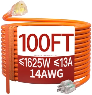 14/3 100 FT Extension Cord Outdoor, Power Cord Orange Heavy Duty Extension Cord 100 Ft, Orange Extension Cords with Lighted end, Flame Retardant, 14AWG 13A 1625W 125V, ETL Listed 14/3 100 FT Extension Cord Outdoor, Power Cord Orange Heavy Duty Extension Cord 100 Ft, Orange Extension Cords with Lighted end, Flame Retardant, 14AWG 13A 1625W 125V, ETL Listed