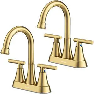 Brushed Gold Bathroom Faucets, 4 inch Centerset 2-Handle Lead-Free Bathroom Sink Faucet with Pop-up Drain and Supply Lines, Stainless Steel Faucet for Vanity RV Restroom Laundry, 2 Pack Brushed Gold Bathroom Faucets, 4 inch Centerset 2-Handle Lead-Free Bathroom Sink Faucet with Pop-up Drain and Supply Lines, Stainless Steel Faucet for Vanity RV Restroom Laundry, 2 Pack
