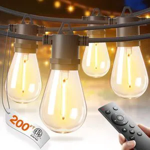 200FT LED Outdoor String Lights, Waterproof Dimmable Bulbs for Patio UL Listed, Remote Control. Shatterproof Edison Bulbs, Timer, Linkable, 2700K Warm White. For Backyard, Pergola, 4-Pack*50FT 200FT LED Outdoor String Lights, Waterproof Dimmable Bulbs for Patio UL Listed, Remote Control. Shatterproof Edison Bulbs, Timer, Linkable, 2700K Warm White. For Backyard, Pergola, 4-Pack*50FT