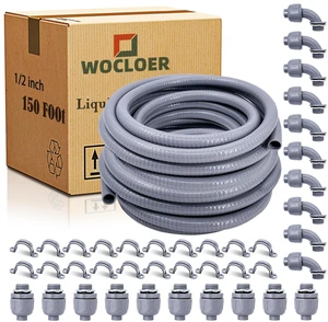 1/2 inch 150 Foot Liquid-Tight Conduit and Connector Kit, Flexible Non Metallic Electrical Conduit, With 10 Straight and 10 Angle Fittings and Pipe Strap 1/2 inch 150 Foot Liquid-Tight Conduit and Connector Kit, Flexible Non Metallic Electrical Conduit, With 10 Straight and 10 Angle Fittings and Pipe Strap