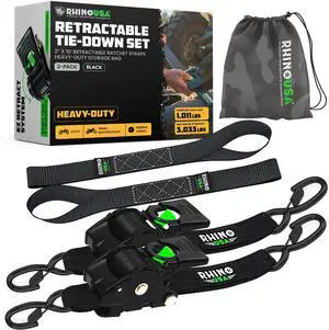 Retractable Ratchet Straps (2-Pack) - 2in x 10ft, 3,033lb, Black Heavy Duty Auto Self Retracting Tie Downs. For Truck, Cargo Trailer, Motorcycle & UTV, Tangle-Free Storage. Black Retractable Ratchet Straps (2-Pack) - 2in x 10ft, 3,033lb, Black Heavy Duty Auto Self Retracting Tie Downs. For Truck, Cargo Trailer, Motorcycle & UTV, Tangle-Free Storage. Black