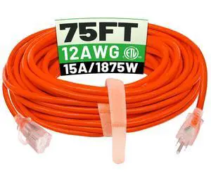 75 FT 12/3 Outdoor Extension Cord Waterproof, Heavy Duty Power Cord 75FT Heavy Duty Flexible Cold-Resistant Long Power Cord Outside, 15Amp 1875W SJTW Yellow ETL Listed 75 FT 12/3 Outdoor Extension Cord Waterproof, Heavy Duty Power Cord 75FT Heavy Duty Flexible Cold-Resistant Long Power Cord Outside, 15Amp 1875W SJTW Yellow ETL Listed