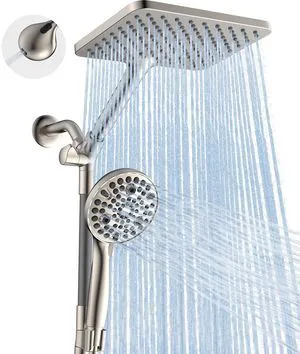 Dual Handheld Shower Head Combo, 2-in-1 Rain Shower Heads System Wide Rainfall Shower Head and 10 Modes High Pressure Hand Held Showerhead with Built-in Power Wash - Brushed Nickel Dual Handheld Shower Head Combo, 2-in-1 Rain Shower Heads System Wide Rainfall Shower Head and 10 Modes High Pressure Hand Held Showerhead with Built-in Power Wash - Brushed Nickel