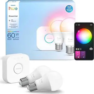 Essential Starter Kit: Hue Bridge, 2 Essential E26 Smart Bulbs, White & Color Ambiance, 2200K-6500K, Dimmable LED Bulbs, Works with Alexa, Google Assistant, Samsung SmartThings, Apple Home Essential Starter Kit: Hue Bridge, 2 Essential E26 Smart Bulbs, White & Color Ambiance, 2200K-6500K, Dimmable LED Bulbs, Works with Alexa, Google Assistant, Samsung SmartThings, Apple Home