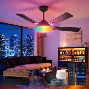 52" RGB Smart Ceiling Fans with Lights, Downrod Mount, Black RGB Light, Music Sync, 3CCT Dimmable, Compatible with Alexa/Remote/App, Quiet 6 speeds Reversible DC Motor, Timer 52" RGB Smart Ceiling Fans with Lights, Downrod Mount, Black RGB Light, Music Sync, 3CCT Dimmable, Compatible with Alexa/Remote/App, Quiet 6 speeds Reversible DC Motor, Timer
