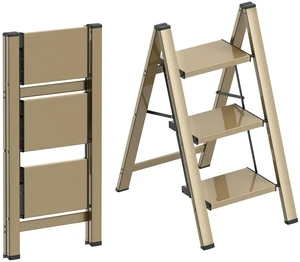 3 Step Ladder, Lightweight Aluminum Folding Step Stool Anti-Slip Wide Pedal, 330lbs Capacity Step Ladder for Household Kitchen Office, Gold 3 Step Ladder, Lightweight Aluminum Folding Step Stool Anti-Slip Wide Pedal, 330lbs Capacity Step Ladder for Household Kitchen Office, Gold